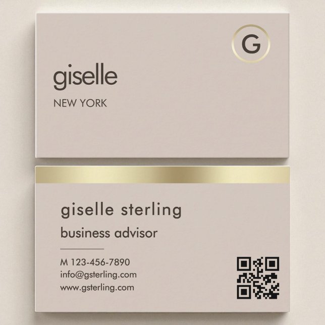 Cartão De Visita Mocha Brown QR Code Faux Gold Foil Monograma (Criador carregado)