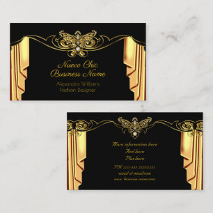 Cartão De Visita Moda Elegante Dourada Drapantes Negros Diamantes