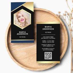 Cartão De Visita Modelo de Atriz Blue Gold Foil Código QR Foto