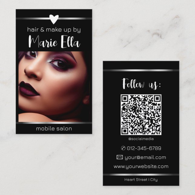 Cartão De Visita Modelo de Código QR de Foto com Linhas Prateadas e (Frente/Verso)