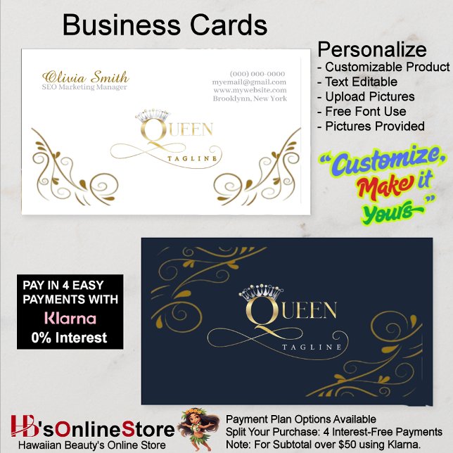 Cartão De Visita Modelo de Coroa de Rainha Elegante Personalizável  (Customizable Elegant Crown Queen Template Business Card 11.)