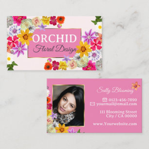 Cartão De Visita Modelo de Foto Elegante Flores Selvagens Douradas