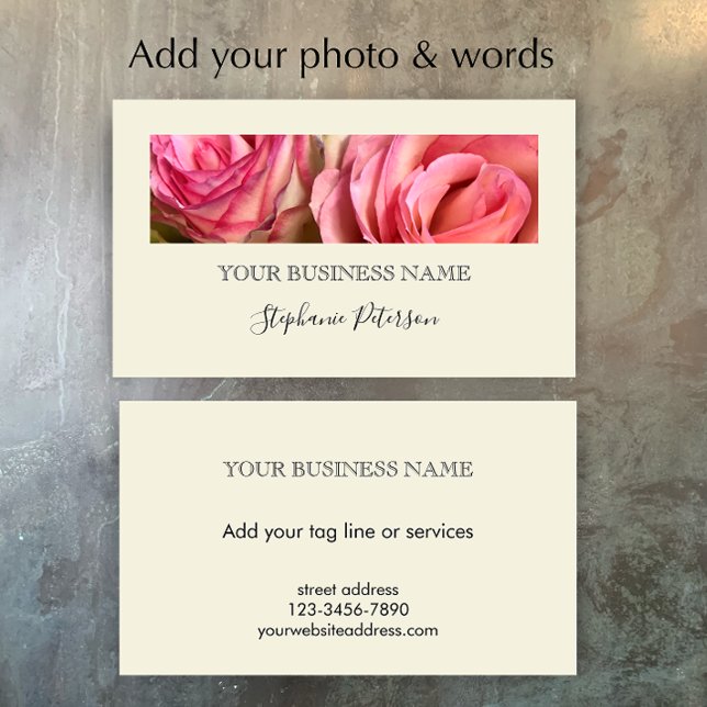 Cartão De Visita Modelo de Foto Floral Personalizado Creme Moderno  (Add your own photo and business contact details. This custom cream simple elegant business card.
)