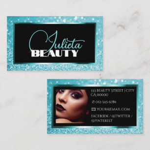 Cartão De Visita Modelo de Fotografia Glitter Azul Espelho Azul de 