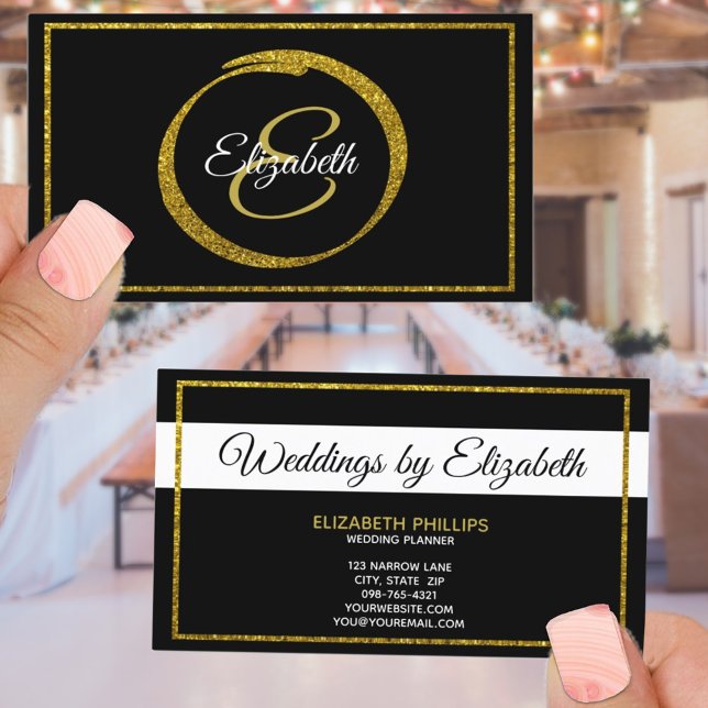 Cartão De Visita Modelo de Monograma Dourado preto Elegante (Criador carregado)