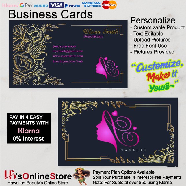 Cartão De Visita Modelo Elegante Dourado Rosa Personalizável 12 (Customizable Pink Gold Elegant Template Business Card 12.)