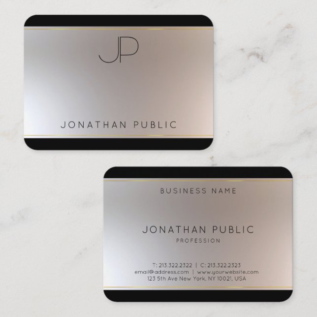 Cartão De Visita Modelo Moderno Elegante de Prata Dourada Monograma (Frente/Verso)