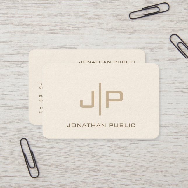 Cartão De Visita Modelo Monograma Elegante Creme de luxo Tamanho Eu (Frente/Verso In Situ)