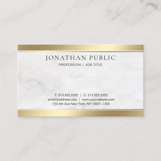 Cartão De Visita Modelo Simples Dourado Elegante Marble Branco (Frente)