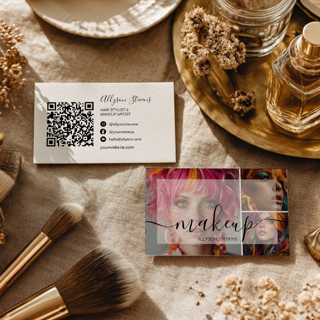 Cartão De Visita Modern 3 Photo Makeup Artist Código QR Mídia Socia (Modern 3 Photo Makeup Artist QR code Social Media Business Card)