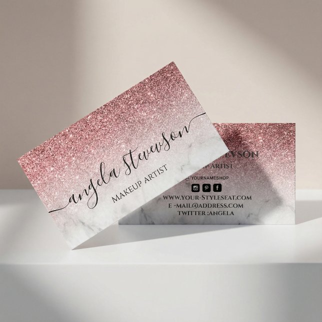 Cartão De Visita modern and elegant rose gold glitter marble  (#glitterrosegold #scriptcalligraphy #marblebackground #rosegold #makeupartist #chick #hairstyle)