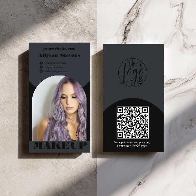 Cartão De Visita Modern arch makeup black photo qr code logo (Modern arch makeup black photo qr code logo business card)