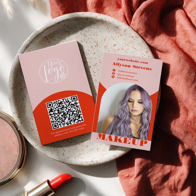 Cartão De Visita Modern arch makeup blush red photo qr code logo (Modern arch makeup blush red photo qr code logo business card)