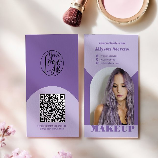 Cartão De Visita Modern arch makeup purple photo qr code logo (Modern arch makeup purple photo qr code logo business card)