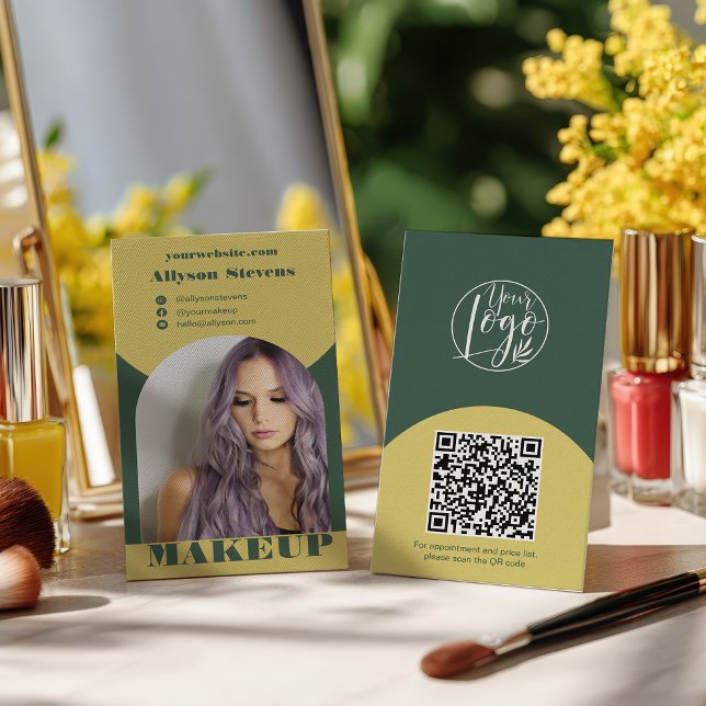 Cartão De Visita Modern arch makeup yellow green photo qr code logo (Modern arch makeup yellow green photo qr code logo business card)