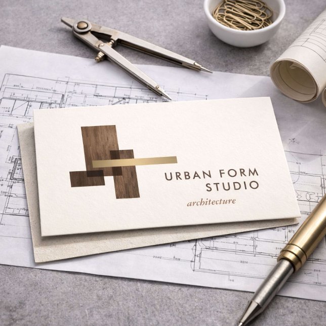 Cartão De Visita Modern Architect Wood Logo Ivory (Criador carregado)