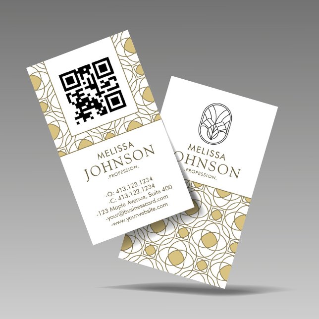 Cartão De Visita Modern Art Deco Vertical Gold QR Code (Criador carregado)