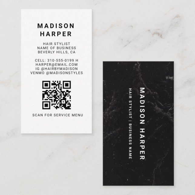 Cartão De Visita Modern Black and White Marble QR Code Business (Frente/Verso)