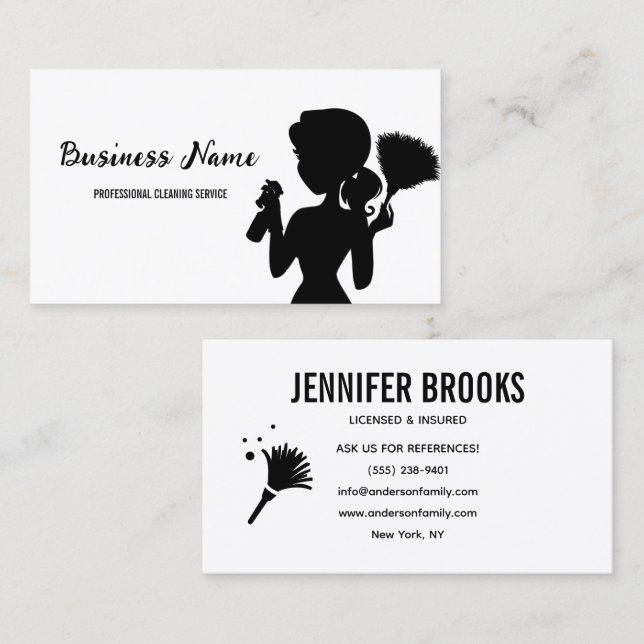 Cartão De Visita Modern Black Cleaning Service Housekeeper Maid (Frente/Verso)