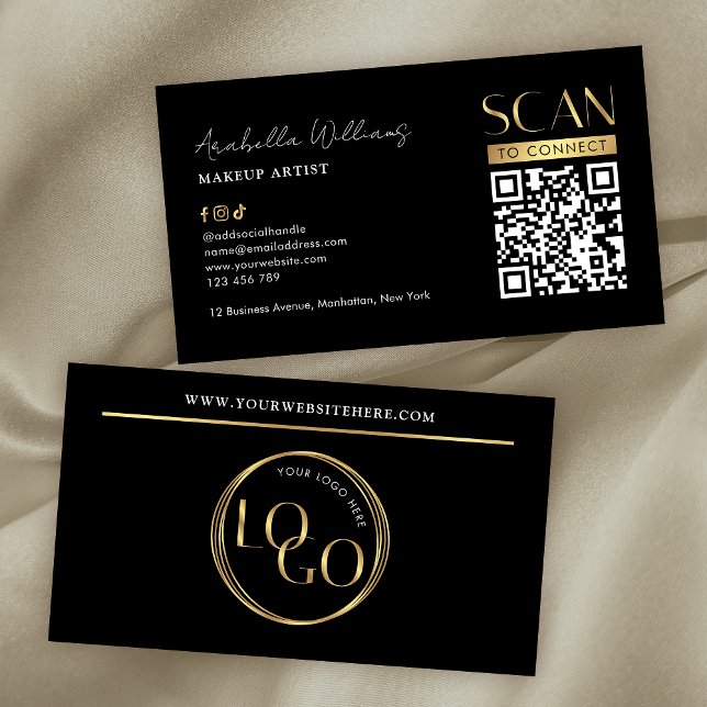 Cartão De Visita Modern Black Gold Logo Makeup Beauty Salon QR Code (Black and gold modern QR code business cards with faux gold foil effects and modern layout)