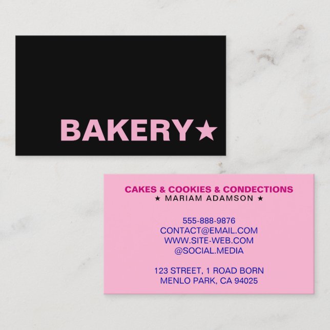 Cartão De Visita Modern Black & Pink Color | Customizable Bakery (Frente/Verso)