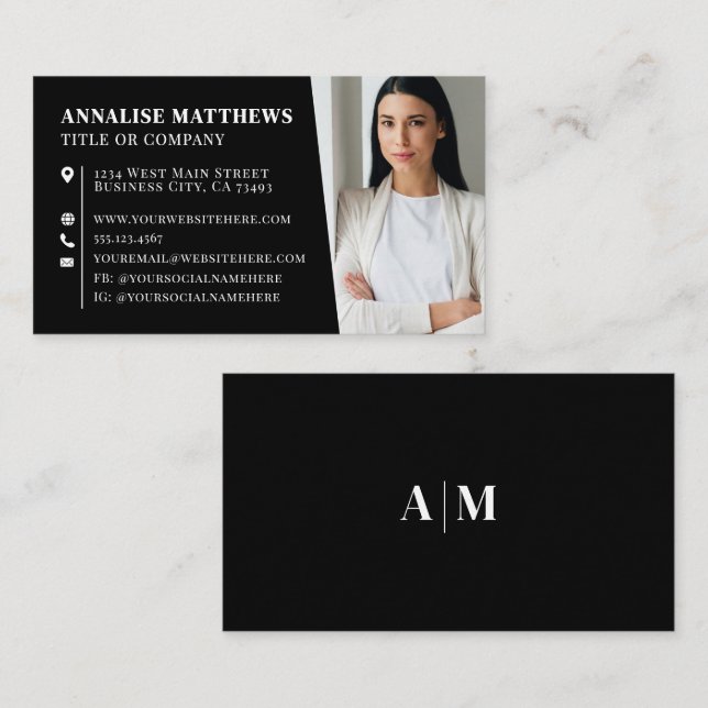Cartão De Visita Modern Black Professional Photo (Frente/Verso)