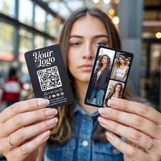 Cartão De Visita Modern Black QR Code Social Media Icons Logo Photo (Modern Black QR Code Social Media Icons Logo Photo)