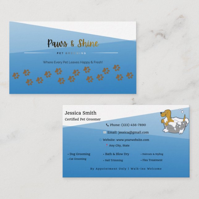 Cartão De Visita Modern Blue Pet Grooming Business Card – Customiza (Frente/Verso)