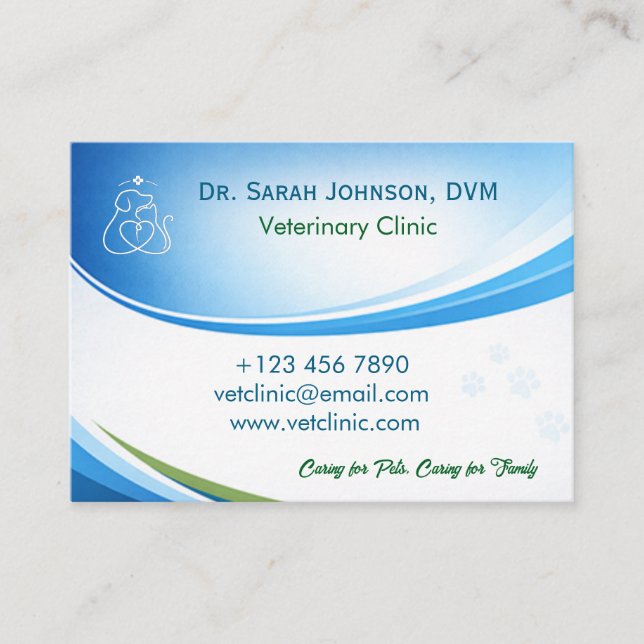 Cartão De Visita Modern Blue Veterinarian & Pet Clinic Customizable (Frente)