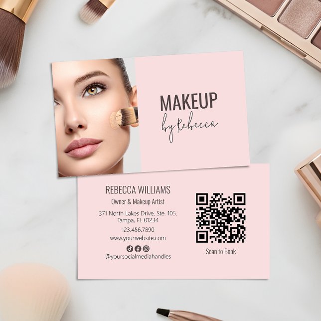 Cartão De Visita Modern Blush Pink Script Font QR Code Photo Makeup (Modern blush pink QR code business card with photo - ideal for makeup artists and beauty businesses)