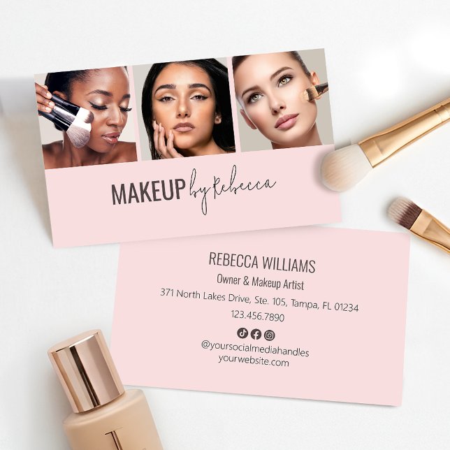 Cartão De Visita Modern Blush Pink Social Icons 3 Photo Makeup (Modern and minimal 3 photo blush pink design - fully customizable for your makeup business)