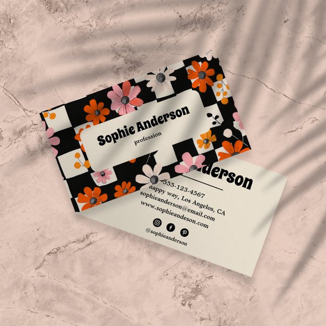 Cartão De Visita Modern Bold Floral Checkered Business Card (Criador carregado)