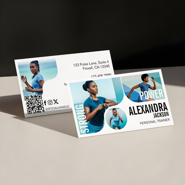 Cartão De Visita Modern Bold Personal Trainer Fitness Photos QR  (Trendy Wavy Photo Frame Personal Trainer Fitness Business Card)
