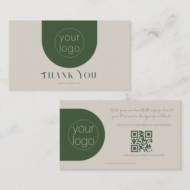 Cartão De Visita Modern Branding Thank You Card Sage Green (Frente/Verso)