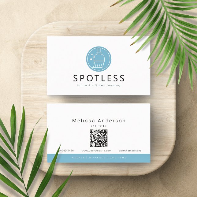 Cartão De Visita Modern Broom Logo QR Code Cleaning Service Maid (Criador carregado)