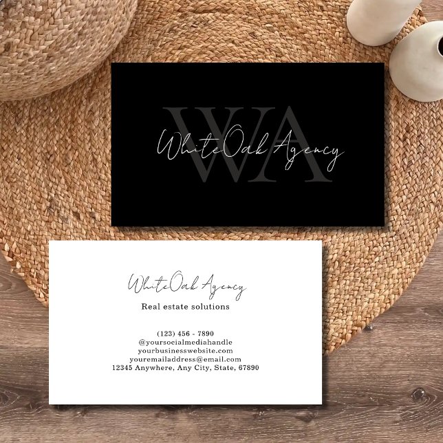 Cartão De Visita Modern Calligraphy Script Black and White Monogram (Criador carregado)