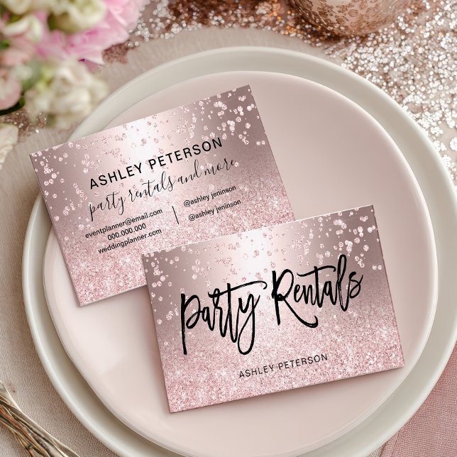 Cartão De Visita Modern Chic Glam Rose Gold Glitter Party Rentals (Modern Chic Glam Rose Gold Glitter Party Rentals Business Card)