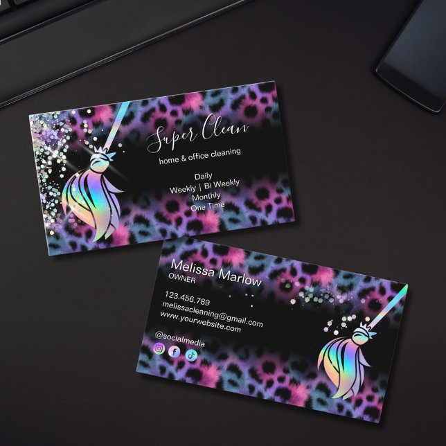 Cartão De Visita Modern Chic Maid Cleaning House Holograph Leopard (holographic leopard cleaning services business card)