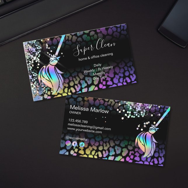 Cartão De Visita Modern Chic Maid Cleaning House Holograph Leopard (holographic leopard texture cleaning services business cards)
