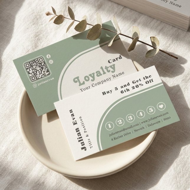 Cartão De Visita Modern Chic Retro Groovy Sage Green Loyalty Card (Modern Chic Retro Sage Green Loyalty Card)