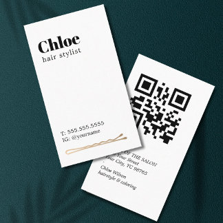 Cartão De Visita Modern Clean Black White Golden Hair Pin Salon QR 