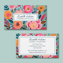Cartão De Visita Modern Colorful Flowers Pink Teal