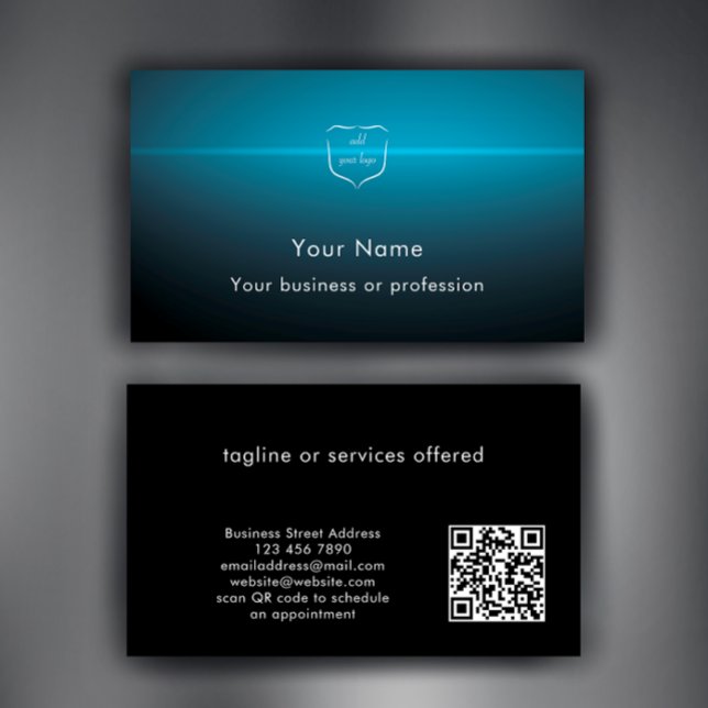Cartão De Visita Modern Cool Logo QR Code Technology Professional (Personalize these cool blue light burst professional business card template. Add logo & QR code.
)