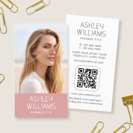 Cartão De Visita Modern Custom Photo Color QR Code Elegant Pink