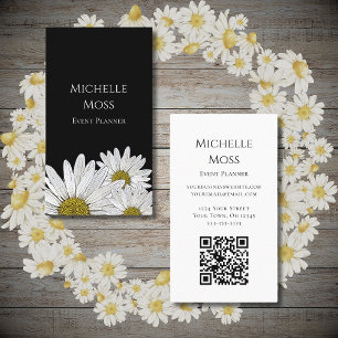 Cartão De Visita Modern Daisies Código QR Botânico Trendy Black