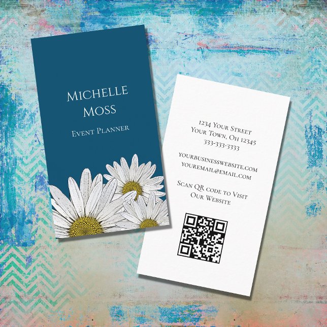 Cartão De Visita Modern Daisies Código QR Floral Azul (Criador carregado)