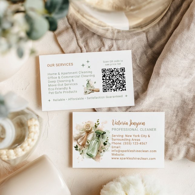 Cartão De Visita Modern Eco Cleaner Housekeeping QR Code Minimal (Modern Eco Cleaner Housekeeping QR Code Minimal Business Card)