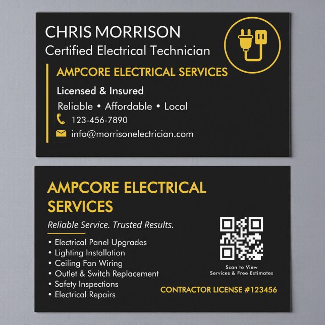 Cartão De Visita Modern Electrician Contractor QR Code Black Yellow (Criador carregado)