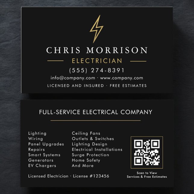 Cartão De Visita Modern Electrician QR Code Black Gold Minimal (Criador carregado)