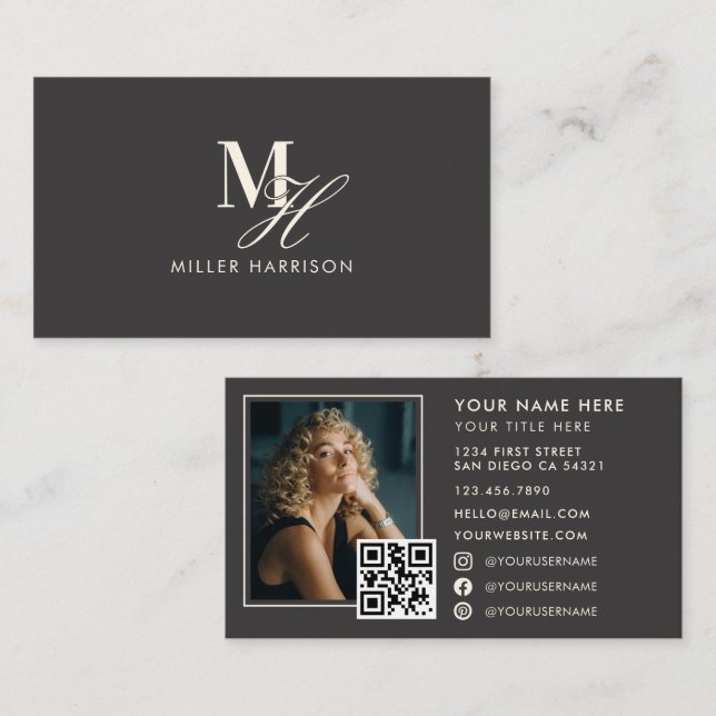 Cartão De Visita Modern Elegant Monogram Luxury Photo QR Code (Frente/Verso)